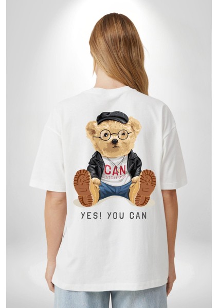 Evet Yapabilirsin Oyuncak Ayı Kadın Erkek Ön Minimal Sırt Baskılı Beyaz Pamuklu Tişört indirimleri