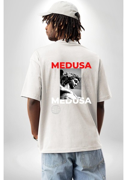 Medusa Yunan Heykeli Kadın Erkek Ön Minimal Sırt Baskılı Beyaz Pamuklu Tişört fiyatları