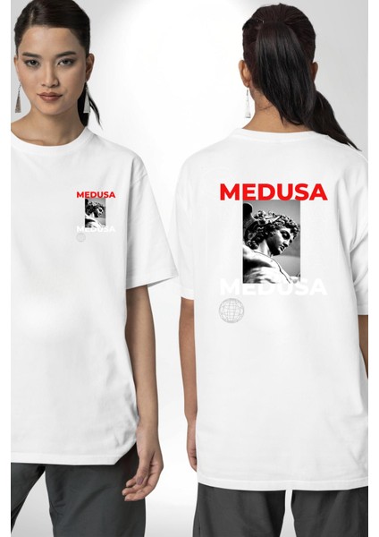 Medusa Yunan Heykeli Kadın Erkek Ön Minimal Sırt Baskılı Beyaz Pamuklu Tişört fırsatları