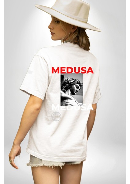 Medusa Yunan Heykeli Kadın Erkek Ön Minimal Sırt Baskılı Beyaz Pamuklu Tişört indirimleri