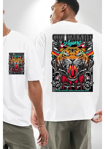 Kaplan Havalı Tasarım Kadın Erkek Ön Minimal Sırt Baskılı Beyaz Pamuklu Tişört