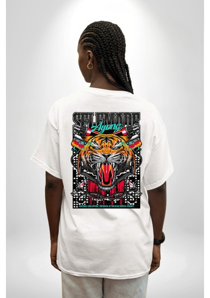 Kaplan Havalı Tasarım Kadın Erkek Ön Minimal Sırt Baskılı Beyaz Pamuklu Tişört fiyatları