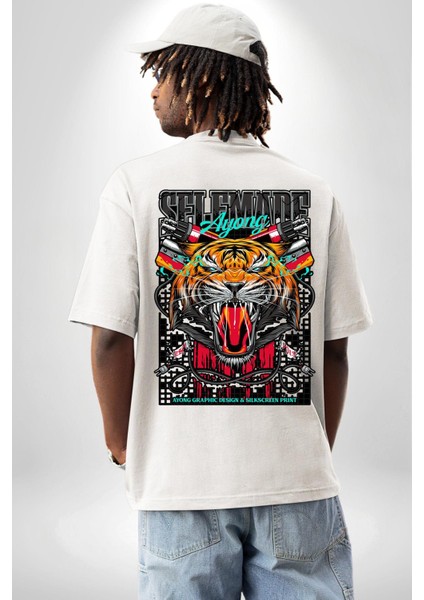 Kaplan Havalı Tasarım Kadın Erkek Ön Minimal Sırt Baskılı Beyaz Pamuklu Tişört fırsatları