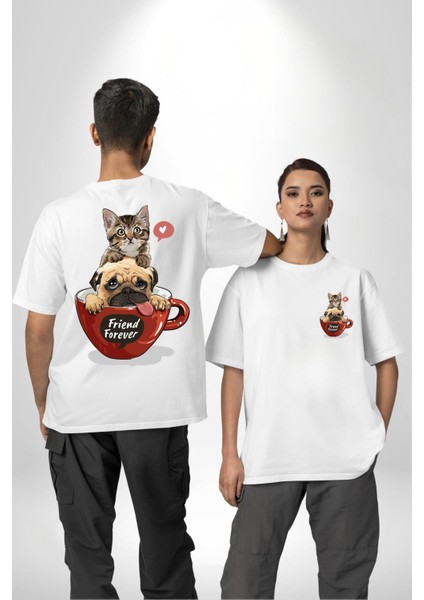 Kupa Içinde Tatlı Kedi ve Köpek Kadın Erkek Ön Minimal Sırt Baskılı Beyaz Pamuklu Tişört