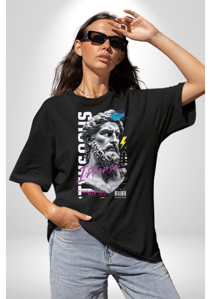 Kralın Zümrütü Yunan Kralı Kadın Erkek Ön Baskılı Siyah Pamuklu Tişört Penye Klasik fiyatları