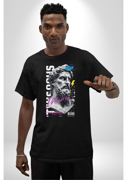 Kralın Zümrütü Yunan Kralı Kadın Erkek Ön Baskılı Siyah Pamuklu Tişört Penye Klasik indirimleri