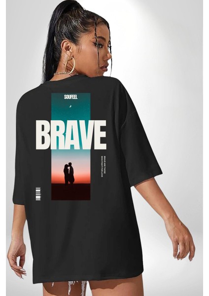 Cesur Aşıklar Night Vibe Kadın Erkek Ön Minimal Sırt Baskılı Siyah Pamuklu Tişört indirimleri