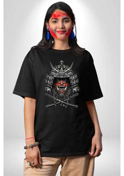 Japon Samuray Katana Savaşçı Kadın Erkek Ön Baskılı Siyah Pamuklu Tişört Penye Klasik fiyatları