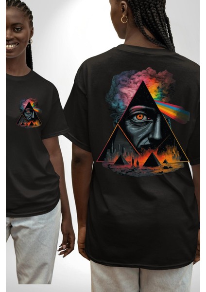 Gökkuşağı Mısır Piramitleri Mistik Kadın Erkek Ön Minimal Sırt Baskılı Siyah Pamuklu Tişört