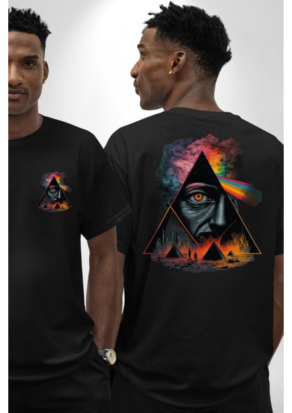 Gökkuşağı Mısır Piramitleri Mistik Kadın Erkek Ön Minimal Sırt Baskılı Siyah Pamuklu Tişört fırsatları