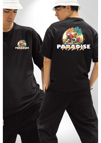 Cennet Iskelet Adam Ada Kadın Erkek Ön Minimal Sırt Baskılı Siyah Pamuklu Tişört