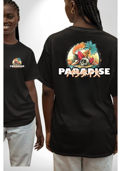 Cennet Iskelet Adam Ada Kadın Erkek Ön Minimal Sırt Baskılı Siyah Pamuklu Tişört fırsatları