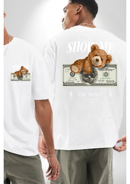 Amerikan Doları ve Oyuncak Ayı Kadın Erkek Ön Minimal Sırt Baskılı Beyaz Pamuklu Tişört