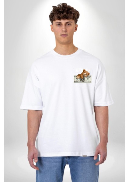 Amerikan Doları ve Oyuncak Ayı Kadın Erkek Ön Minimal Sırt Baskılı Beyaz Pamuklu Tişört fiyatları