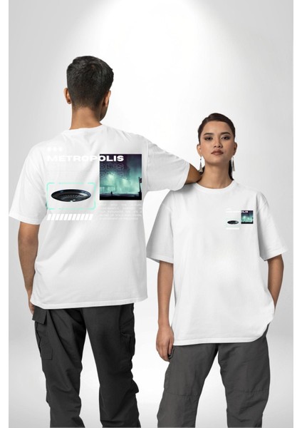 Büyük Şehir Ufo Sokak Tasarımı Kadın Erkek Ön Minimal Sırt Baskılı Beyaz Pamuklu Tişört