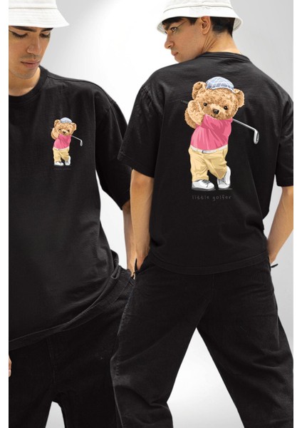 Golf Oynayan Oyuncak Ayı Kadın Erkek Ön Minimal Sırt Baskılı Siyah Pamuklu Tişört