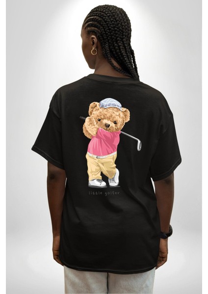 Golf Oynayan Oyuncak Ayı Kadın Erkek Ön Minimal Sırt Baskılı Siyah Pamuklu Tişört fiyatları