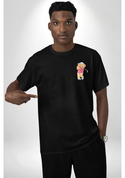 Golf Oynayan Oyuncak Ayı Kadın Erkek Ön Minimal Sırt Baskılı Siyah Pamuklu Tişört modelleri