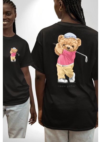 Golf Oynayan Oyuncak Ayı Kadın Erkek Ön Minimal Sırt Baskılı Siyah Pamuklu Tişört fırsatları