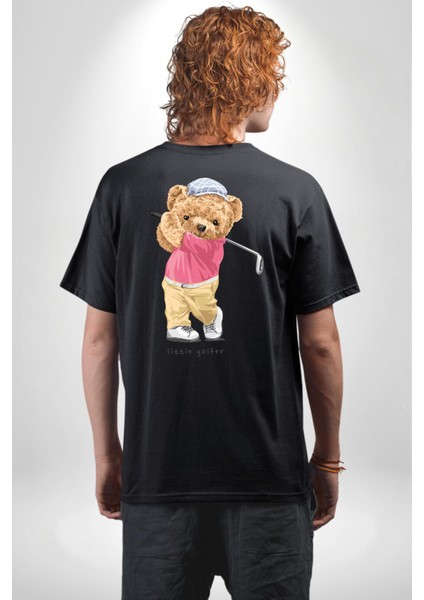 Golf Oynayan Oyuncak Ayı Kadın Erkek Ön Minimal Sırt Baskılı Siyah Pamuklu Tişört indirimleri