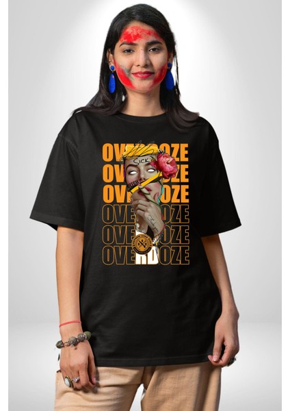 Overdoze Kadın Gül Dövme Sıkıntı Isyan Kadın Erkek Ön Baskılı Siyah Pamuklu Tişört Penye Klasik