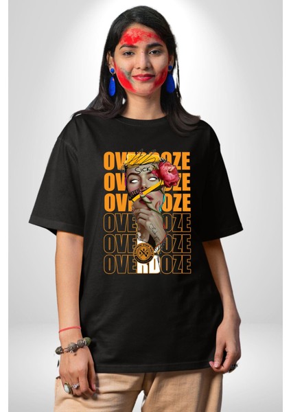 Overdoze Kadın Gül Dövme Sıkıntı Isyan Kadın Erkek Ön Baskılı Siyah Pamuklu Tişört Penye Klasik fiyatları
