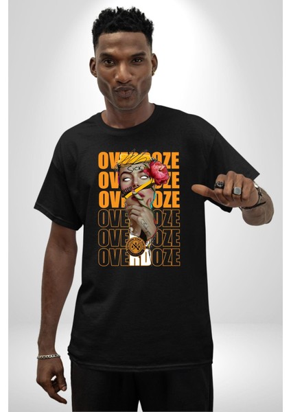 Overdoze Kadın Gül Dövme Sıkıntı Isyan Kadın Erkek Ön Baskılı Siyah Pamuklu Tişört Penye Klasik modelleri