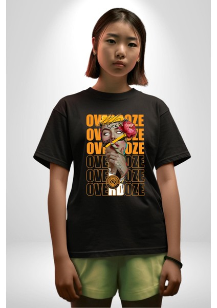 Overdoze Kadın Gül Dövme Sıkıntı Isyan Kadın Erkek Ön Baskılı Siyah Pamuklu Tişört Penye Klasik fırsatları