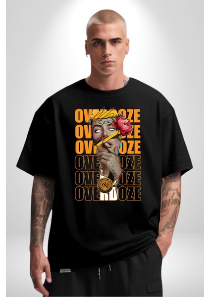 Overdoze Kadın Gül Dövme Sıkıntı Isyan Kadın Erkek Ön Baskılı Siyah Pamuklu Tişört Penye Klasik indirimleri