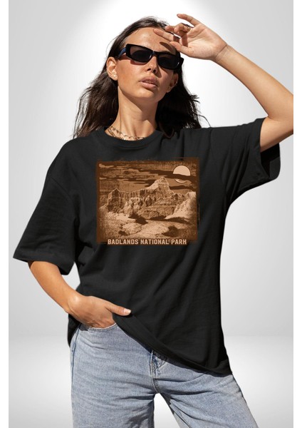 Badlands Ulusak Park Amerika Kadın Erkek Ön Baskılı Siyah Pamuklu Tişört Penye Klasik