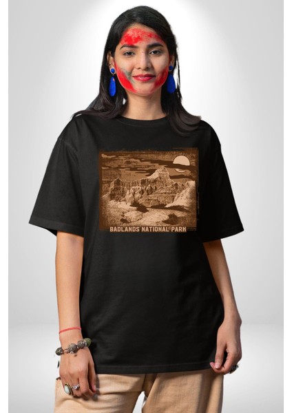 Badlands Ulusak Park Amerika Kadın Erkek Ön Baskılı Siyah Pamuklu Tişört Penye Klasik modelleri