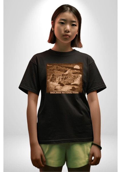 Badlands Ulusak Park Amerika Kadın Erkek Ön Baskılı Siyah Pamuklu Tişört Penye Klasik indirimleri