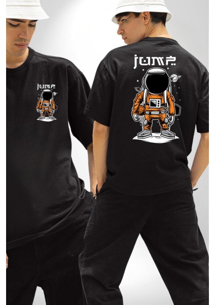 Astronot Uzay Basketbol Havalı Kadın Erkek Ön Minimal Sırt Baskılı Siyah Pamuklu Tişört