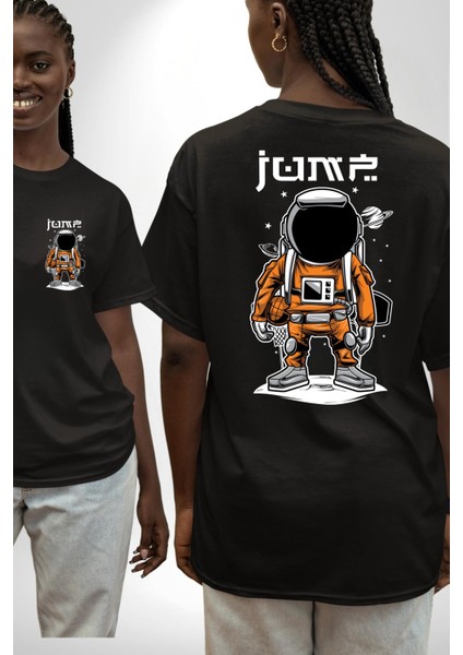 Astronot Uzay Basketbol Havalı Kadın Erkek Ön Minimal Sırt Baskılı Siyah Pamuklu Tişört fırsatları