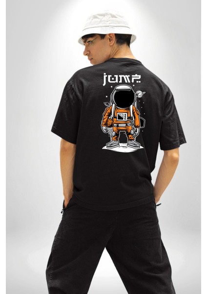 Astronot Uzay Basketbol Havalı Kadın Erkek Ön Minimal Sırt Baskılı Siyah Pamuklu Tişört indirimleri