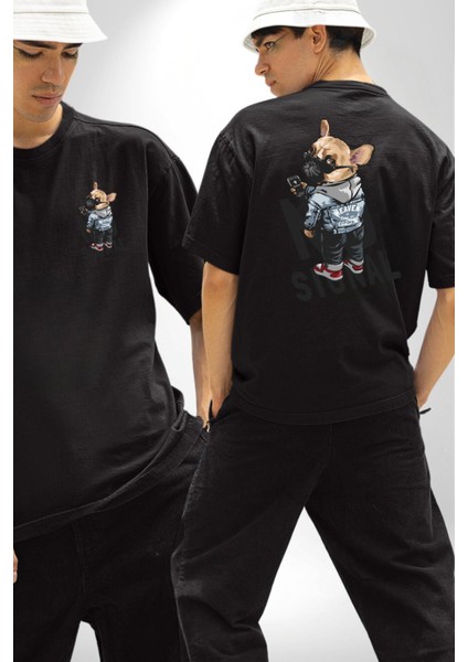 Sinyal Yok Pug Sokak Tarzı Köpek Kadın Erkek Ön Minimal Sırt Baskılı Siyah Pamuklu Tişört