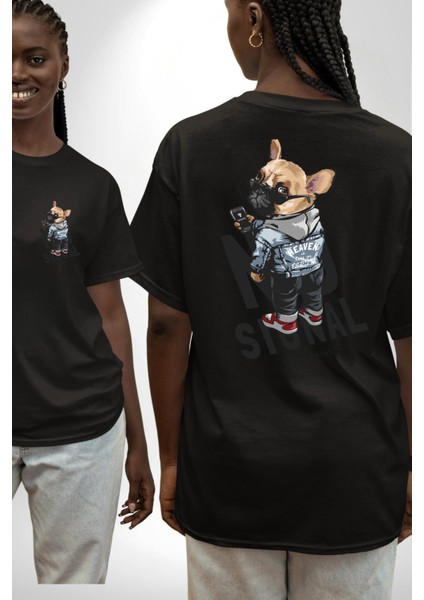 Sinyal Yok Pug Sokak Tarzı Köpek Kadın Erkek Ön Minimal Sırt Baskılı Siyah Pamuklu Tişört fırsatları