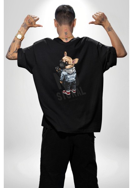 Sinyal Yok Pug Sokak Tarzı Köpek Kadın Erkek Ön Minimal Sırt Baskılı Siyah Pamuklu Tişört indirimleri