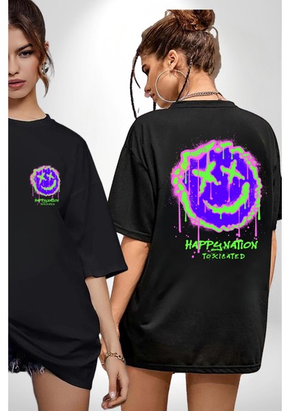 Mutlu Ulus Zehirlendi Sokak Tarzı Kadın Erkek Ön Minimal Sırt Baskılı Siyah Pamuklu Tişört