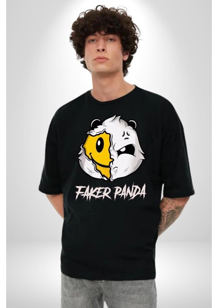 Sahtekar Panda Gülen Tatlı Panda Kadın Erkek Ön Baskılı Siyah Pamuklu Tişört Penye Klasik fiyatları