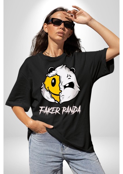 Sahtekar Panda Gülen Tatlı Panda Kadın Erkek Ön Baskılı Siyah Pamuklu Tişört Penye Klasik modelleri