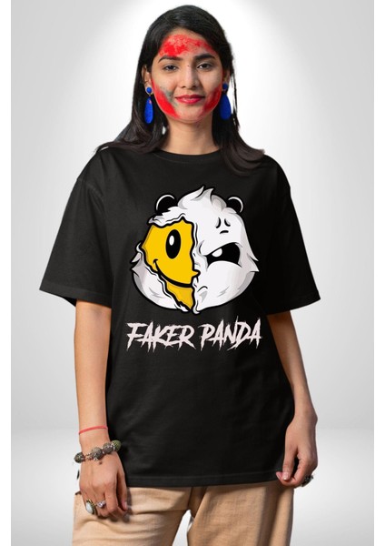 Sahtekar Panda Gülen Tatlı Panda Kadın Erkek Ön Baskılı Siyah Pamuklu Tişört Penye Klasik fırsatları