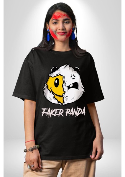 Sahtekar Panda Gülen Tatlı Panda Kadın Erkek Ön Baskılı Siyah Pamuklu Tişört Penye Klasik indirimleri
