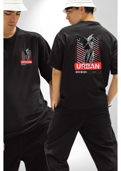 Sokak Tarzı Modern Heykel Kadın Erkek Ön Minimal Sırt Baskılı Siyah Pamuklu Tişört