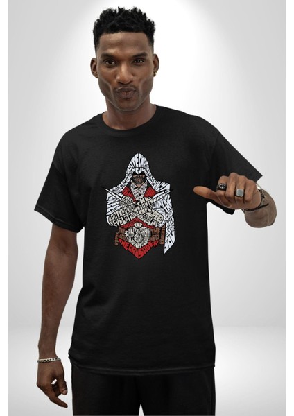 Assasins Creed Efsane Oyun Kadın Erkek Ön Baskılı Siyah Pamuklu Tişört Penye Klasik modelleri