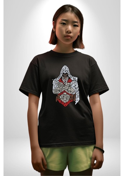 Assasins Creed Efsane Oyun Kadın Erkek Ön Baskılı Siyah Pamuklu Tişört Penye Klasik fırsatları