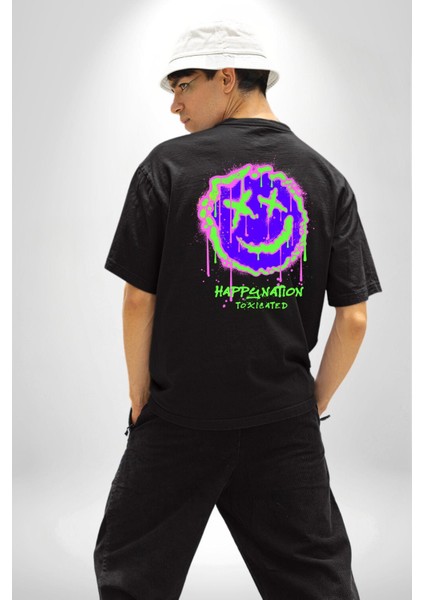 Mutlu Ulus Zehirlendi Sokak Tarzı Kadın Erkek Ön Minimal Sırt Baskılı Siyah Pamuklu Tişört fiyatları