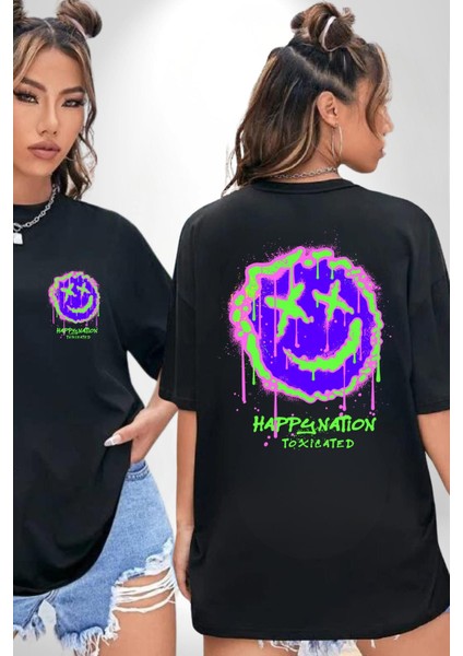 Mutlu Ulus Zehirlendi Sokak Tarzı Kadın Erkek Ön Minimal Sırt Baskılı Siyah Pamuklu Tişört fırsatları