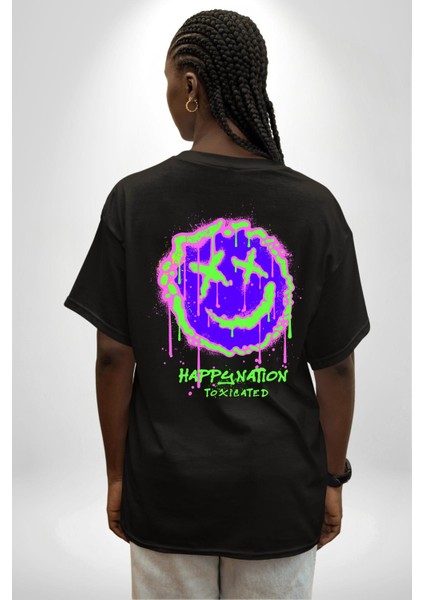 Mutlu Ulus Zehirlendi Sokak Tarzı Kadın Erkek Ön Minimal Sırt Baskılı Siyah Pamuklu Tişört indirimleri