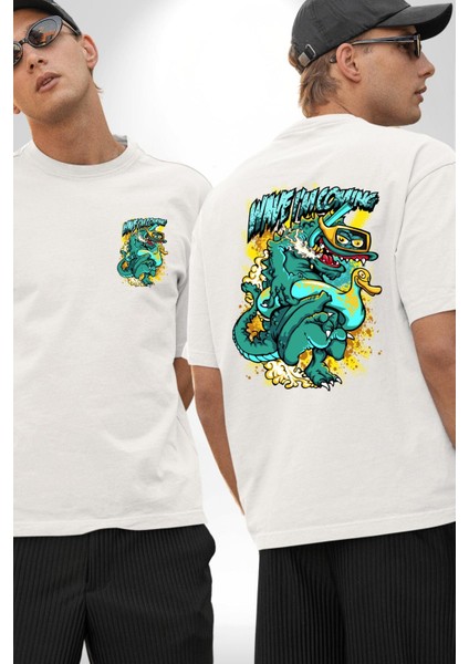 Dalga Ben Geliyorum Timsah Havuz Kadın Erkek Ön Minimal Sırt Baskılı Beyaz Pamuklu Tişört